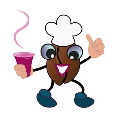 Cartoon coffee bean with a human face drinks coffee from a paper cup. Funny character chef shows thumbs up. Cartoon vector illustration isolated on white background.