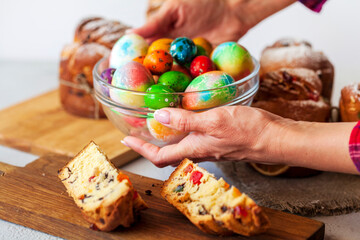 Easter cake Kraffin (Cruffin), with nuts and candied fruit sprinkled with powdered sugar, 2021 trend of the easter cake.