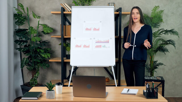 Beautiful woman teacher tutor stands near flip chart whiteboard tells talk speaks students remote video call chat. Female coach trainer records online business webinar master class at home office