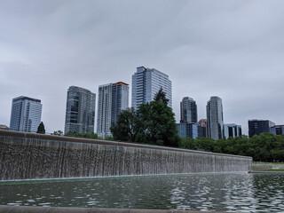 Low angle view of a cascading waterfall at Bellevue Downtown Park.