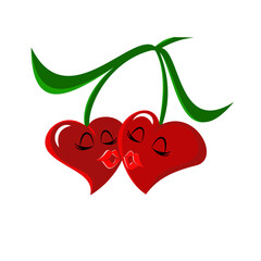 Two cherries in love in the shape of hearts. Vector illustration.