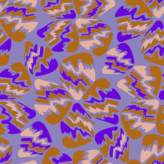 Naklejka premium Seamless pattern with abstract geometric oval triangular blade shapes in purple and orange colors. Can be used for textile, stationary, backgrounds and wallpaper, wrapping paper. 