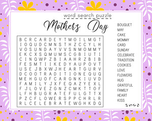Mother's Day word search puzzle.  Educational game for kids.  Crossword suitable for social media post. Сolorful worksheet for learning English words. Vector illustration