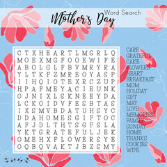 Mother's Day word search puzzle.  Educational game for kids.  Spring crossword suitable for social media post. Сolorful worksheet for learning English words. Vector illustration