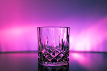 Leeres Tomb Glas Whisky, steht auf dem Tisch und es ist sehr bunt ausgeleuchtet, ea dominieren rosa Farben