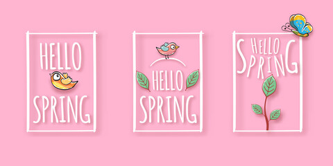 Hello spring frame set with spring birds and flowers on soft pink background. Hello spring simple cut paper style illustration design template