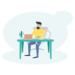 Workplace. young guy. Workplace concept. Joyful and cheerful character. Items on the chair.