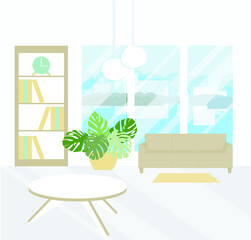 Sofa in front of the window carpet table cityscape outside the window art design element flat design stock vector illustration for web, for print