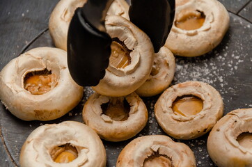 top view of fresh mushrooms are baked in the traditional way