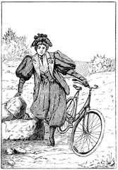 English women's cycling suit. Illustration of the 19th century. Germany. White background.