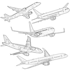 Set silhouette passenger aircraft on a white background