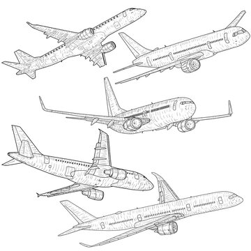 Set silhouette passenger aircraft on a white background