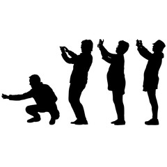 Set silhouettes man and woman taking selfie with smartphone on white background