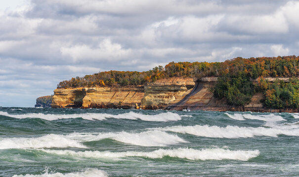 Big waves during autumn on Lake Superior at Miners Beach in the Pictured Rocks National Lakeshore - Michigan Upper Peninsula