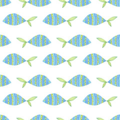 Cute colorful seamless pattern Blue fishes. Watercolor, hand drawn. Blue, yellow, green colors, isolated on white background. Good for kids fabric, textile, wrapping paper, wallpaper, prints