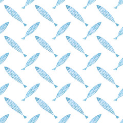 Cute colorful f seamless pattern Sardine. Watercolor, hand drawn. Blue colors, isolated on white background. Good for kids fabric, textile, wrapping paper, wallpaper, prints
