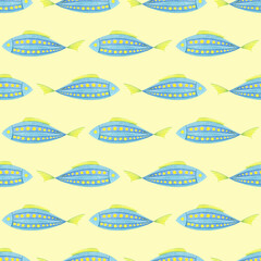 Cute colorful fishes seamless pattern. Watercolor, hand drawn. Blue, yellow colors, isolated on light yellow background. Good for kids fabric, textile, wrapping paper, wallpaper, prints