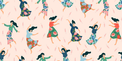 Vector seamless pattern with cute dancing women. Concept for International Women s Day and other