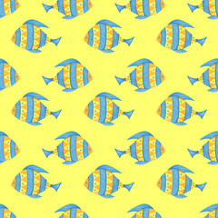 Cute colorful seamless pattern Funny fishes. Watercolor, hand drawn. Blue, yellow, green and orange colors, isolated on yellow. Good for kids fabric, textile, wrapping paper, wallpaper, prints