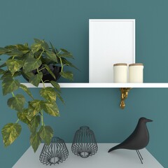 Home interior poster mock up with vertical frame with ornamental plants in pots and accessories. 3d render
