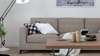 modern living interior with small designer table, sofa and plants
