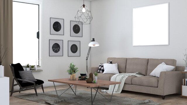 frame mockup on modern living room interior with sofa and green plants. 3d render
