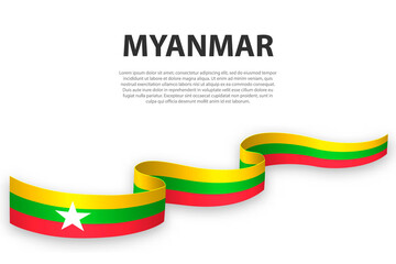 Waving ribbon or banner with flag of Myanmar