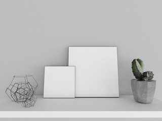 Home interior poster mock up with metal frame with ornamental plants in pots. 3d render