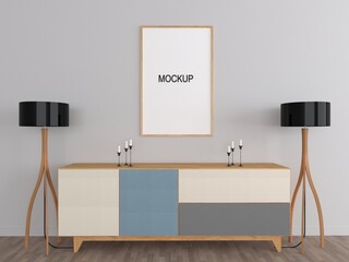 mock up poster frame in modern interior background, living room, modern style, 3D render, 3D illustration