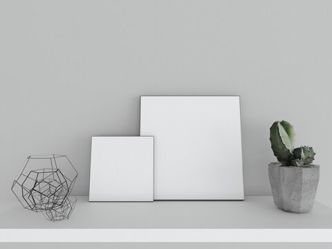 Home interior poster mock up with metal frame with ornamental plants in pots. 3d render