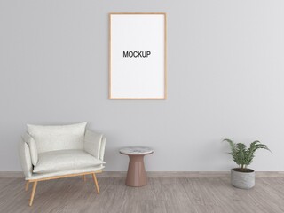 Poster with vertical frames on empty white wall in living room interior with white armchair. 3d render