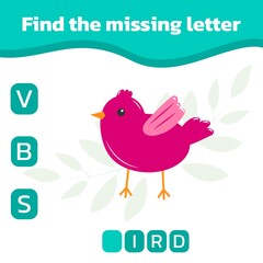 Find the missing letter. Educational spelling game for kids. Practicing English alphabet. Vector illustration of cute pink bird.