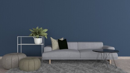Home interior mock-up with grey sofa, table and decor in living room, 3d render