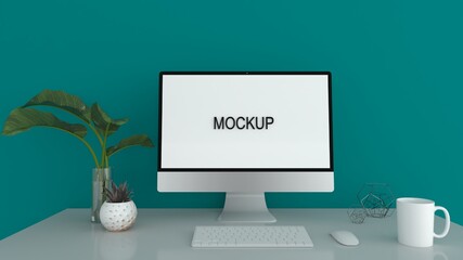 digital device mockup. desk with laptop and coffee