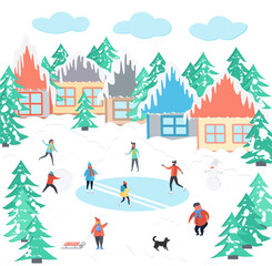 Winter landscape. Vector illustration of city nature. houses, people, trees and clouds. During the New Year and Christmas holidays. Drawings for poster, background or card.