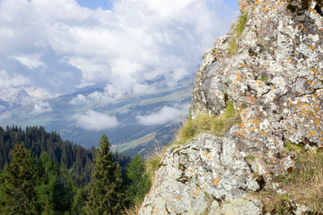Berge in der Schweiz, Felsen im Vordergrund, Tannen und Wolken im Hintergrund