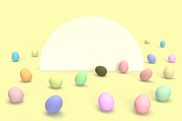 Colorful eggs for happy Easter on a yellow pastel abstract background.