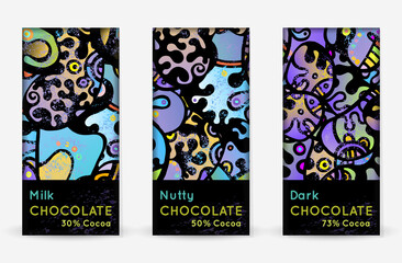 Chocolate Bar Packaging Set. Vector Template With Contrast Ornament Elements. Product Branding Template. Label Pattern Packaging Design. Collection Multicolor Crazy Print. Linear Hand Drawn Doodle.