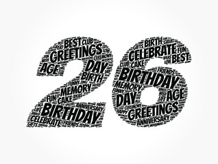 Happy 26th birthday word cloud, holiday concept background