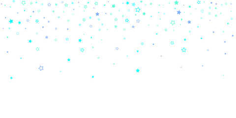 Blue, cyan, turquoise glitter stars, shiny confetti. Scattered little sparkling, glitter elements. Random stellar falling on white background. New Year Christmas background. Vector illustration.