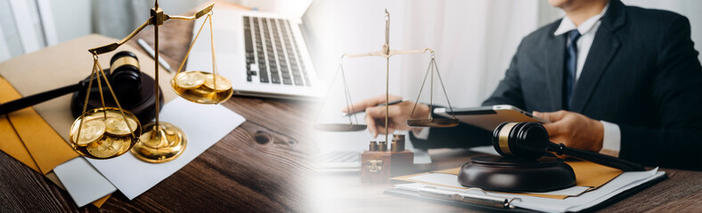 Business and lawyers discussing contract papers with brass scale on desk in office. Law, legal services, advice, justice and law concept picture with film grain effect