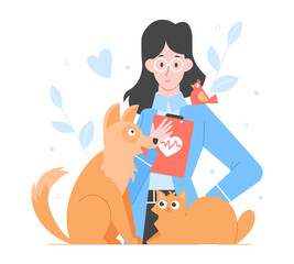 Cute friendly girl veterinarian with animals. Cat, dog and bird. Pet health. Vector flat illustration.