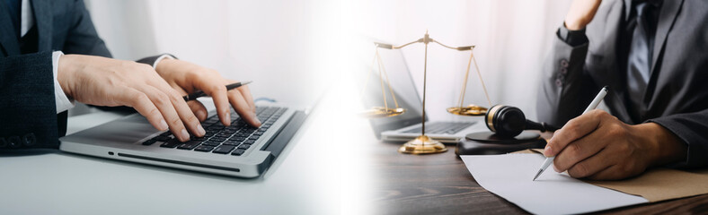 Business and lawyers discussing contract papers with brass scale on desk in office. Law, legal services, advice, justice and law concept picture with film grain effect