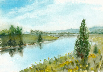 Summer simple landscape. River, meadows and trees with blue sky