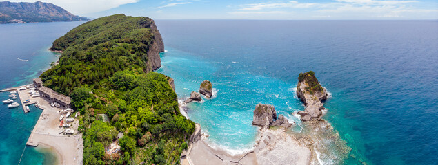 Island St.Nikola near Budva, Montenegro. Drone aerial panorama