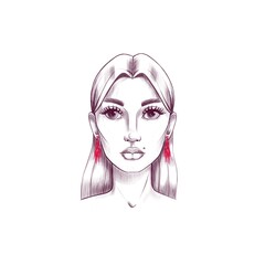 Girl in red earrings. Sketch of woman portrait isolated on white background. Hand drawn outline illustration. Good for logo, avatar of beauty salon and design of card, poster, print.