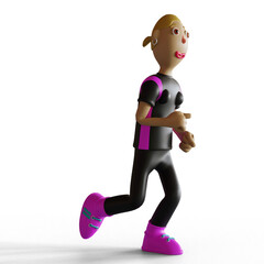 3D illustration of a young woman wearing sportswear, running with white background. Cartoon art style.. 