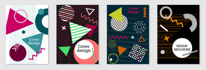 Set of cover design in Memphis style. Geometric design, abstract background. Fashionable bright cover, banner, poster, booklet. Creative colors.