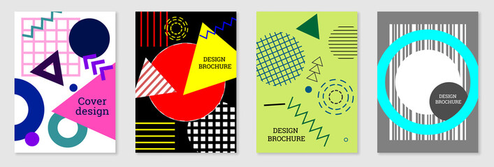 Set of cover design in Memphis style. Geometric design, abstract background. Fashionable bright cover, banner, poster, booklet. Creative colors.