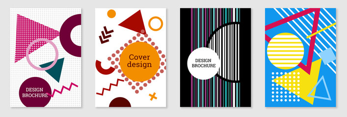 Set of cover design in Memphis style. Geometric design, abstract background. Fashionable bright cover, banner, poster, booklet. Creative colors.